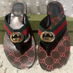 Gucci Women’s GG Web Sandal Black Green Red, Size 38, Authentic